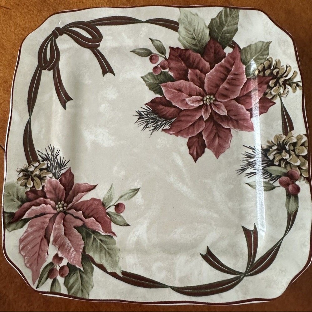 222 Fifth Yuletide Celebration Poinsettia Square Appetizer Salad Plate 8679171